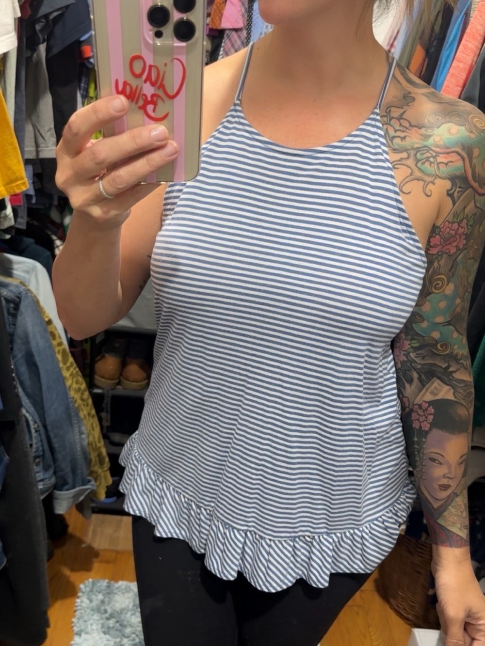 Blue & White Striped Ruffle-Hem Halter Tank